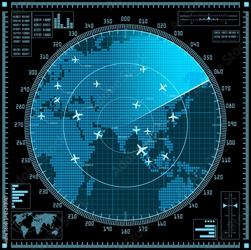 Blue radar screen with planes and world map