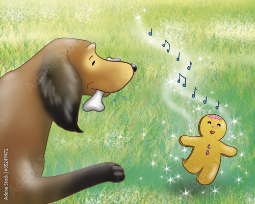 A sweet ginger bread boy is running in the country with a dog. Digital illustration of the gingerbread boy fairy tale.