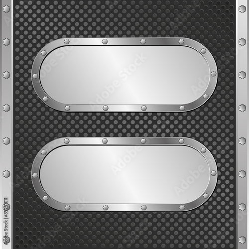 two steel banners on black textured background