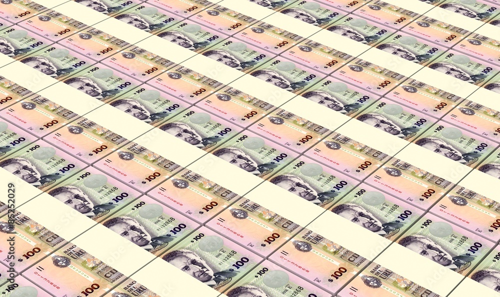 Naklejka premium Uruguay peso bills stacks background.