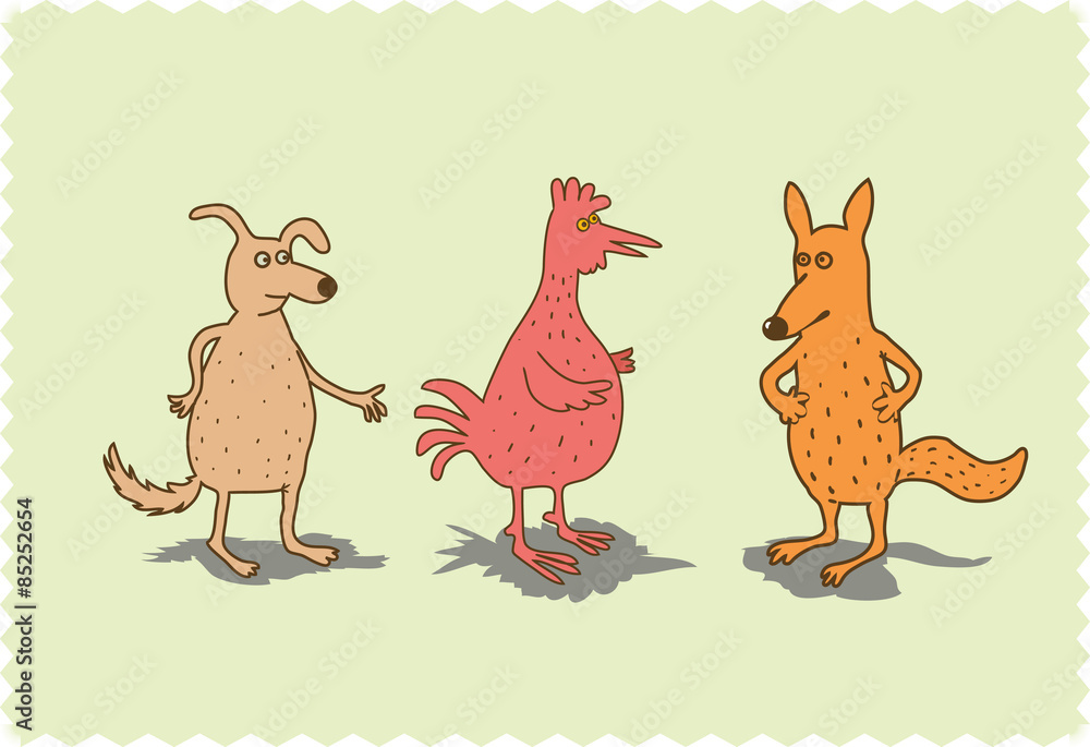 Fototapeta premium dog, fox and cock talking
