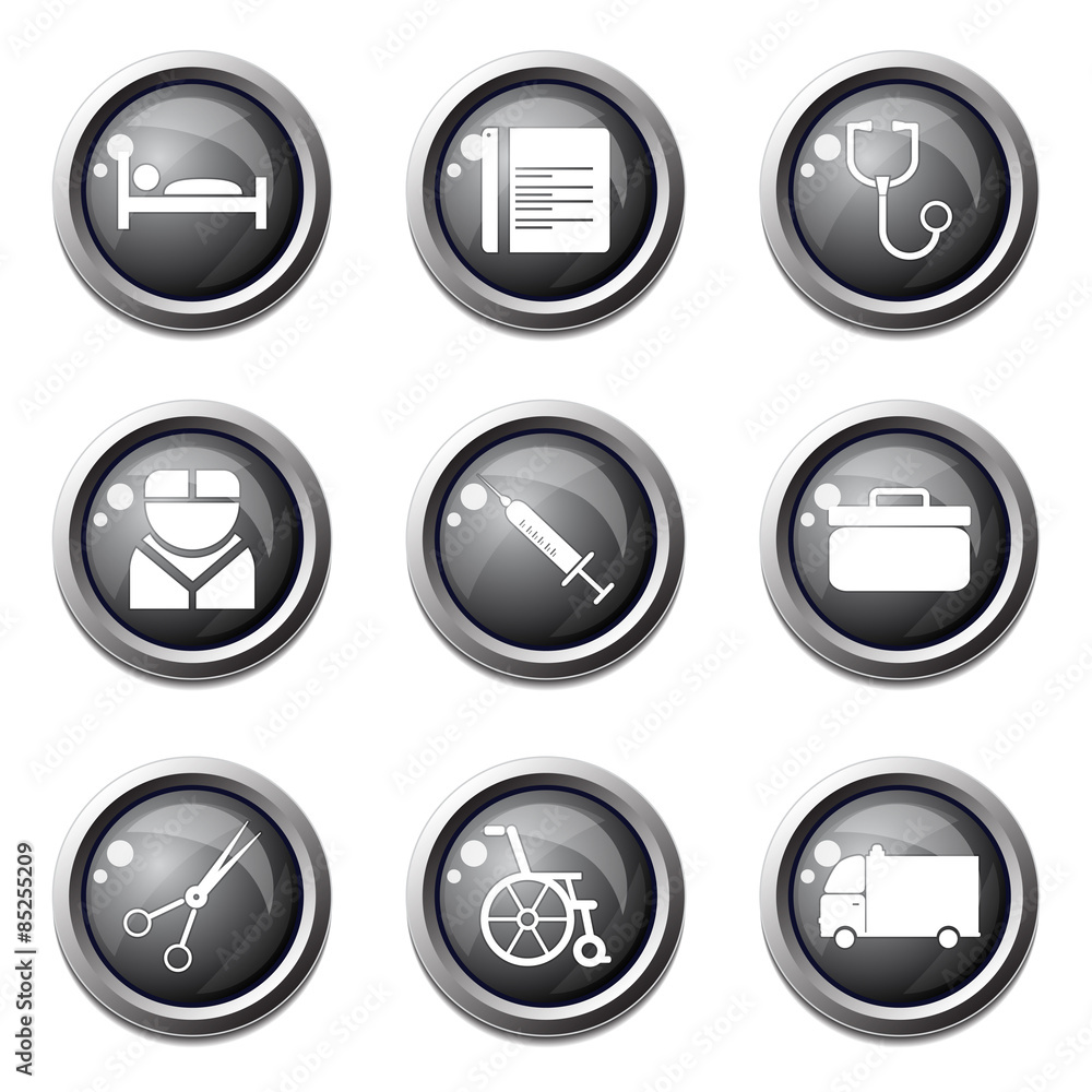 Hospital Health Black Vector Button Icon Design Set Hospital Health Black Vector Button Icon Design Set