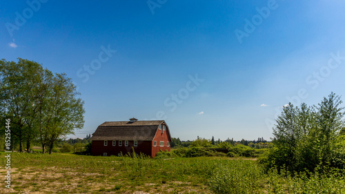 Red Barn in a Farmer's Field under blue sky in Langley British Columbia