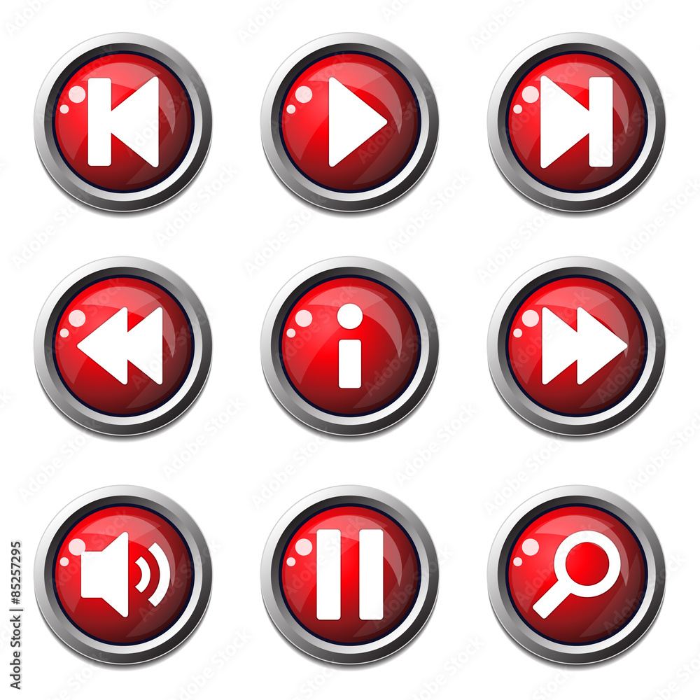 Multimedia Controller Red Vector Button Icon Design Set Multimedia Controller Red Vector Button Icon Design Set