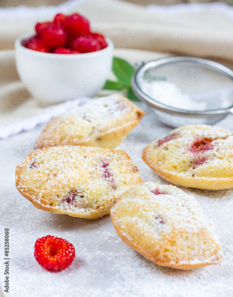 Sugar powdered madeleines with raspberry