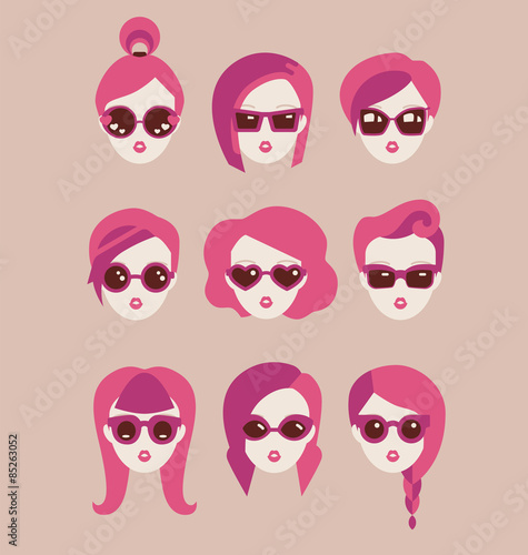 fashion girls in glasses icon set vector illustration