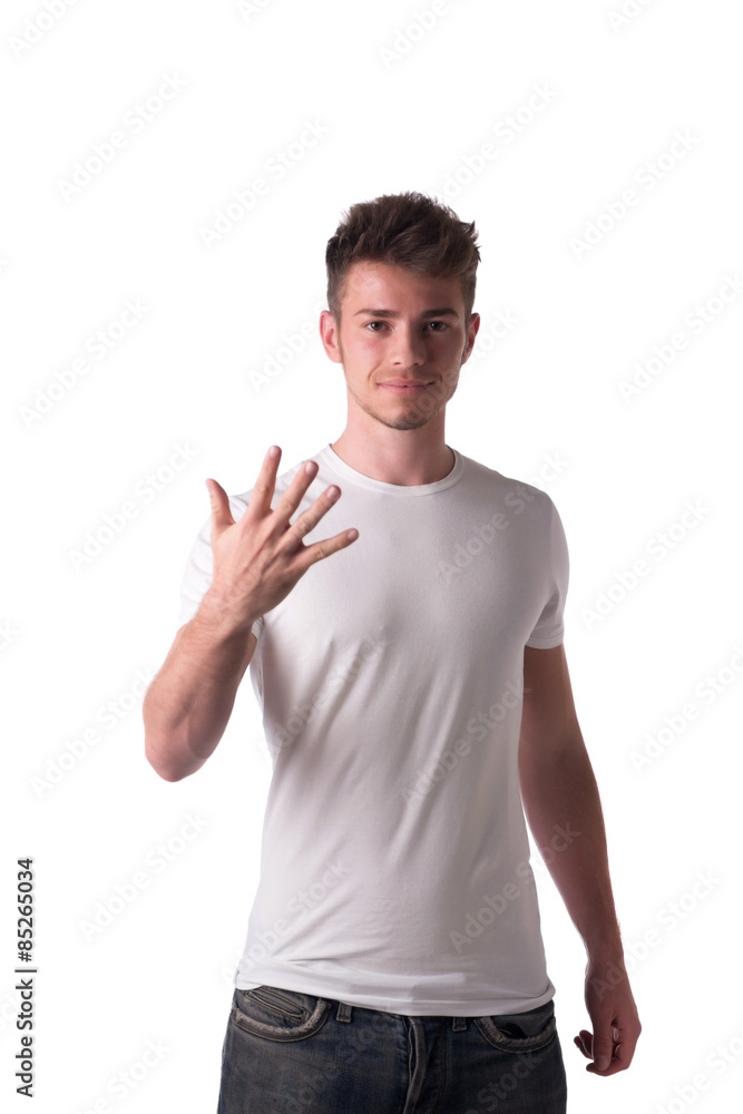 Handsome young man counting to five 5 with fingers and hands Handsome young man counting to five 5 with fingers and hands