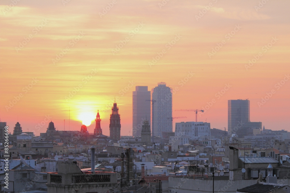 Dawn and city. Barcelona, Spain