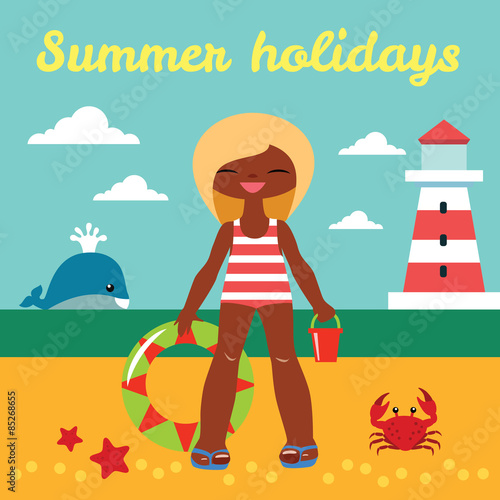 Vector illustration of a happy little girl at the seaside