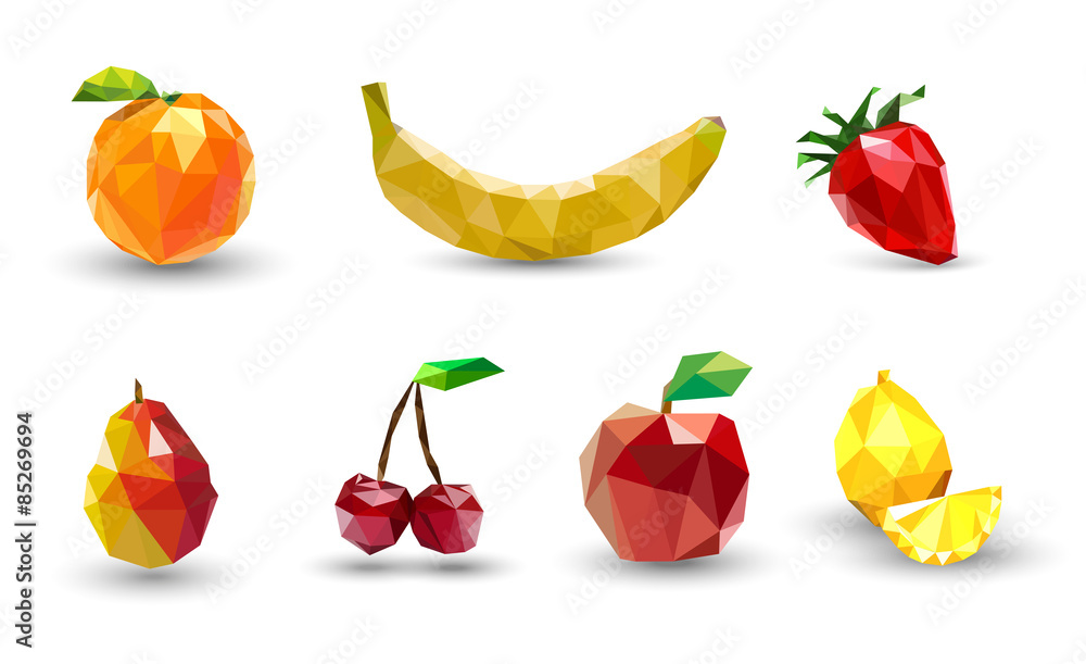 Fruit set of polygons . Apple, lemon , cherry, banana, orange, s Fruit set of polygons . Apple, lemon , cherry, banana, orange, s
