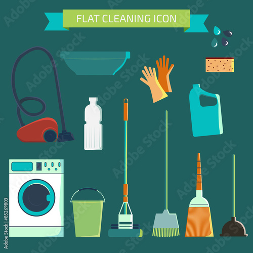 Flat vector color character set. House cleaning and laundry. Vec