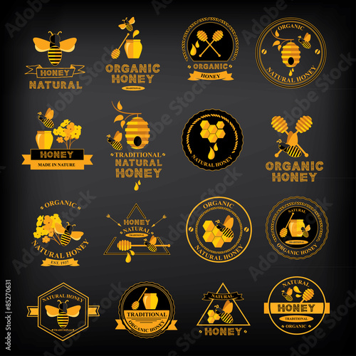 Set Honey badges and labels. Abstract bee design.