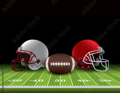 American Football Helmets and Ball on Field