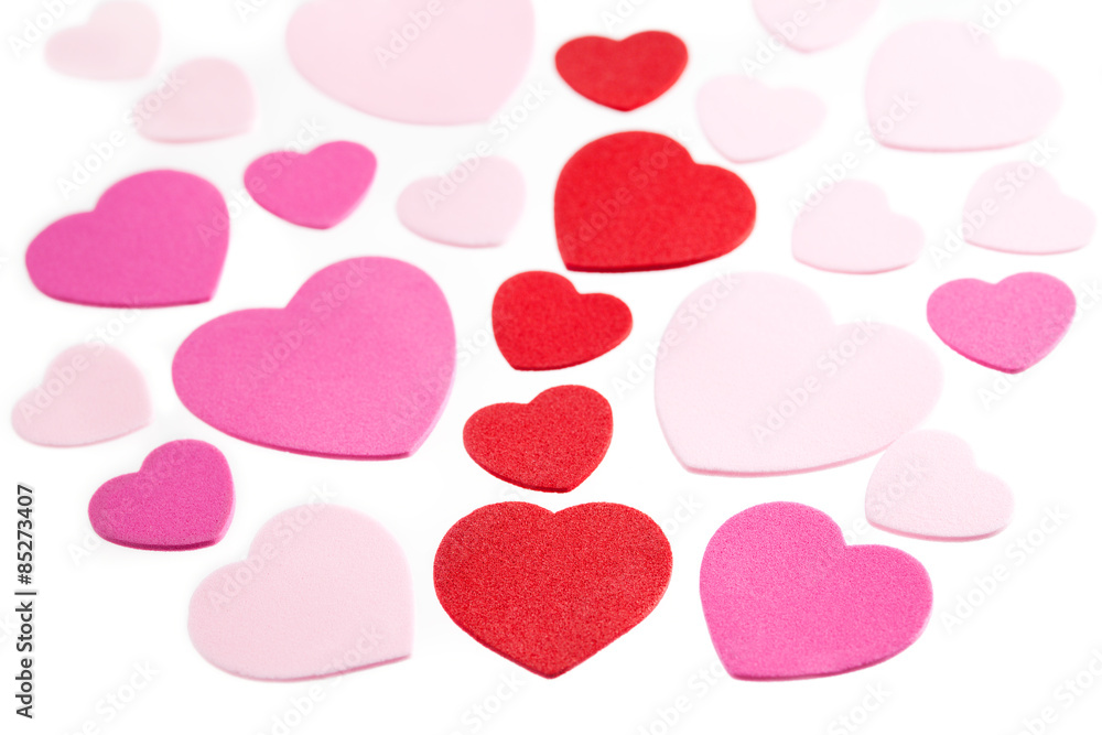 Valentines Day Hearts, Pink and red on white background. 