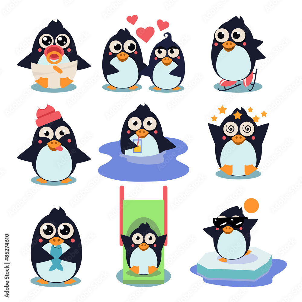 Fototapeta premium Penguin Set Vector Illustration, with Penguins in Different