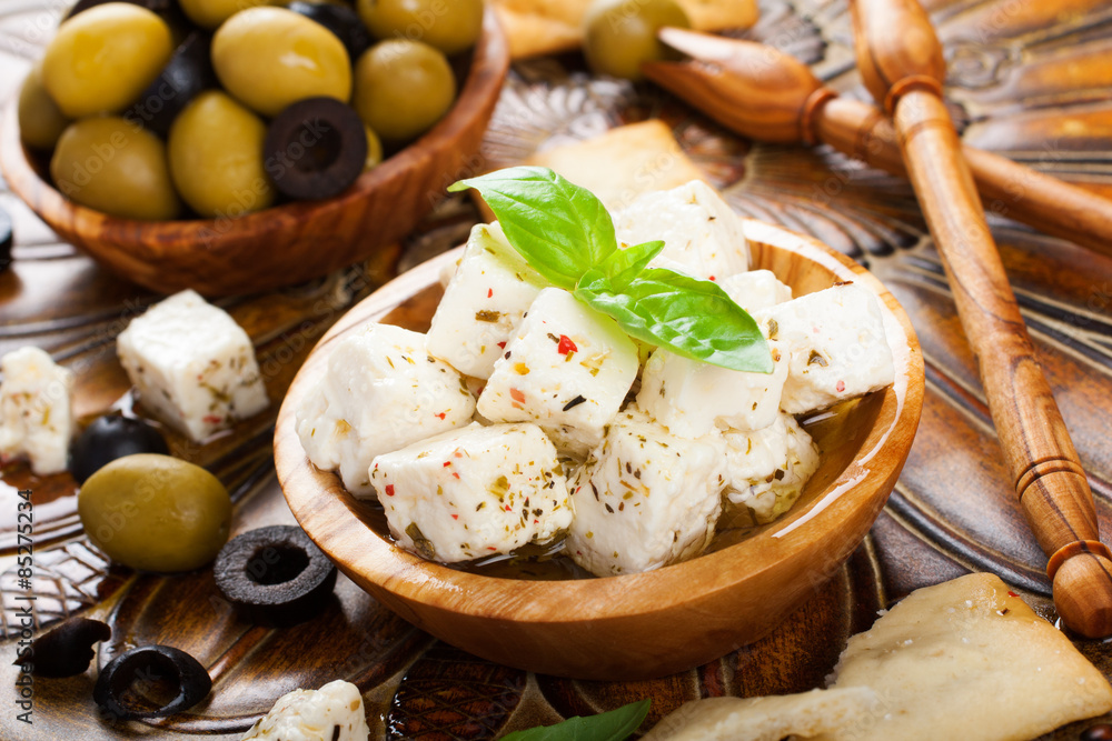 Cubed feta cheese with olives
