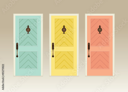 Illustration of three colorful front doors
