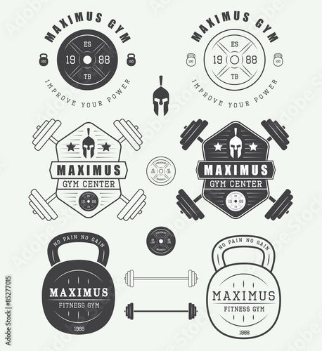 Set of gym logos, labels, badges and elements in vintage style