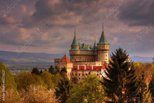 Romantic castle Bojnice during the sunfall, Slovakia