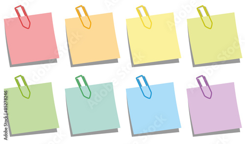 Paper clips pinned on colored notepads. Isolated vector illustration on white background.
