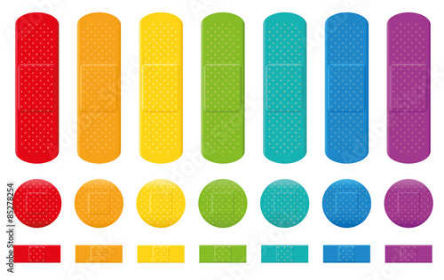 Plaster collection - seven different colors, three various sizes. Isolated vector illustration on white background.