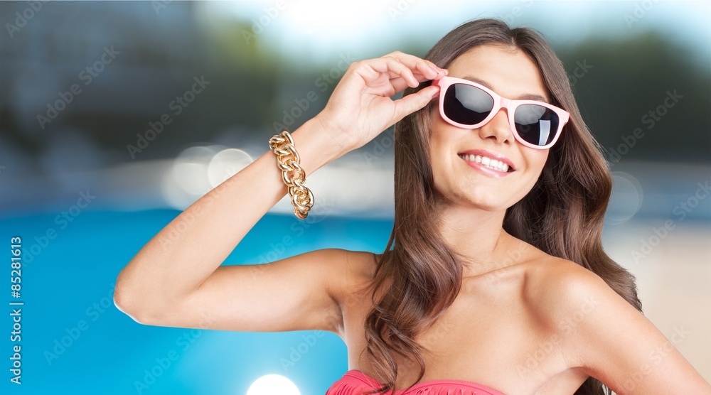 Swimsuit, glasses, charming.
