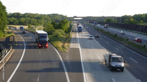 Autobahn Traffic towards viewer, Highway Intersection, summer morning