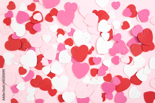 Valentines Day Background. Pink red and white heart shapes. 
