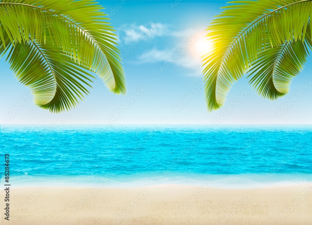 Seaside with palms and a beach. Vector.