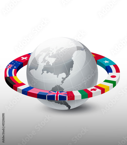 Travel background. Globe with a strip of flags. Vector. #85286098