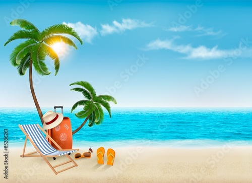 Tropical seaside with palms, a beach chair and a suitcase. Vacat