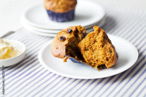 Fresh out of the oven - Pumpkin and raisin gluten-free muffins. 