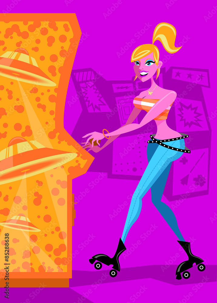 Retro Video Game Arcade with a stylish woman Retro Video Game Arcade with a stylish woman