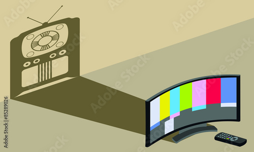 representación televisor moderno proyectando sombra televisor antiguo en contrapicado