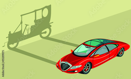 representación automovil moderno proyectando sombra automovil antiguo en contrapicado