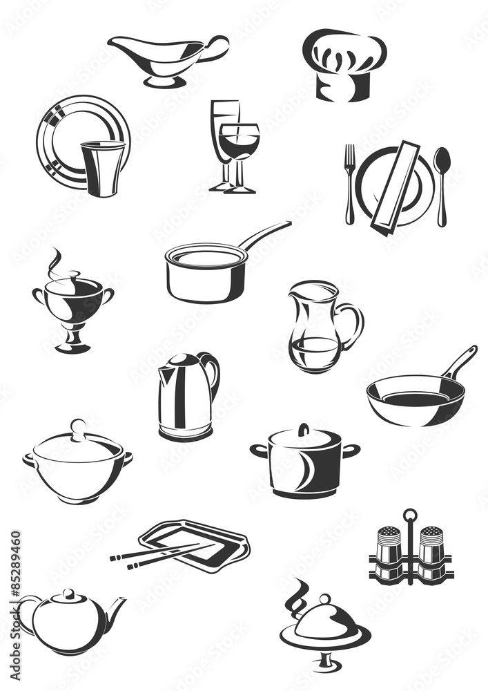 Outlined restaurant utensil and serving items