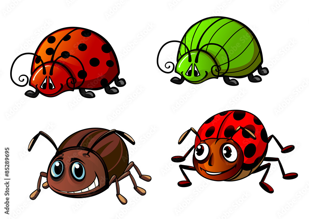 Fototapeta premium Ladybugs, glowworm, colorado beetle cartoon characters