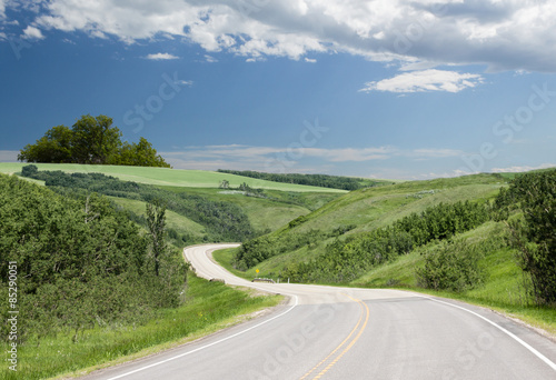 a curved paved highway that runs between beautiful green rolling hills with green trees under a blue sky with clouds in the summer time