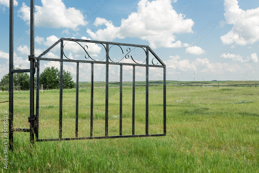image of a black wrought iron gate swung open under a blue sky with white clouds and lush green grass