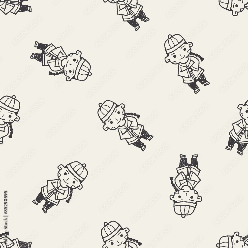 Chinese boy doodle seamless pattern background