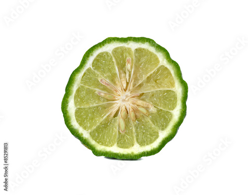 closeup half cut fresh bergamot or Leech Lime on white backgroun