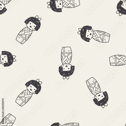 Japanese doll doodle seamless pattern background