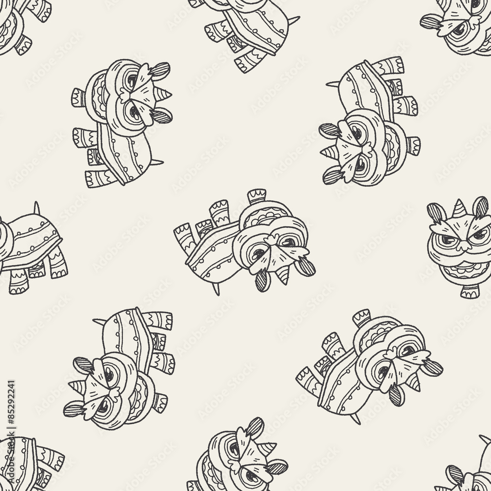 Chinese New Year; The dragon and lion dancing head doodle seamless pattern background Chinese New Year; The dragon and lion dancing head doodle seamless pattern background