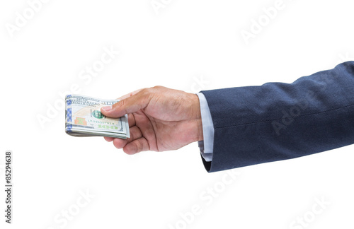 Businessman hand with money, United stage dollar bill isolated o