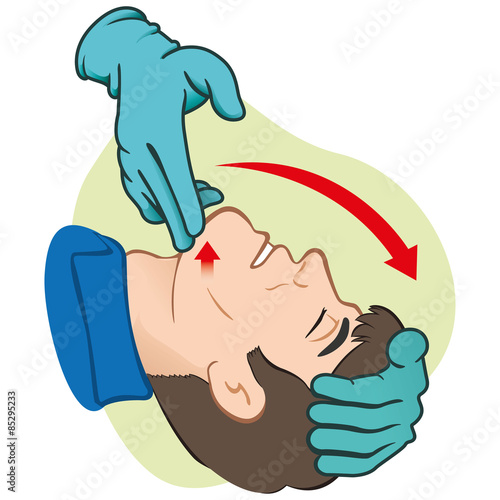 First Aid resuscitation (CPR), clearing breathing, positioning with gloves