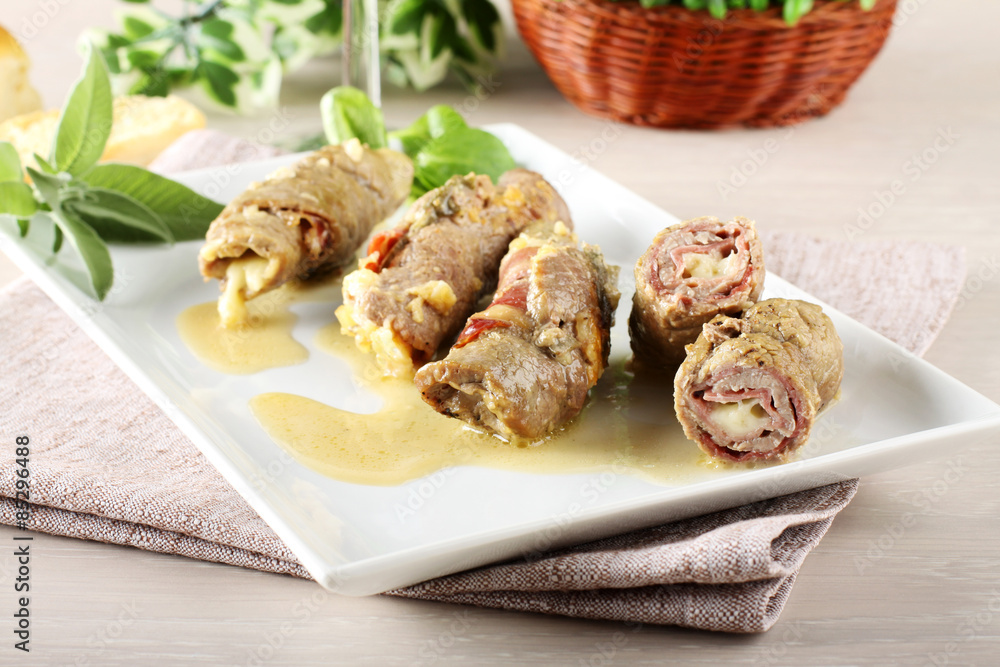 Meat rolls stuffed with bacon and cheese
