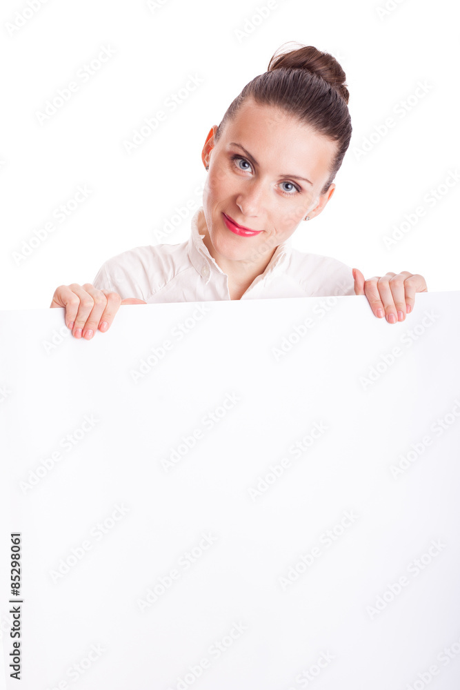 young business woman showing blank signboard young business woman showing blank signboard