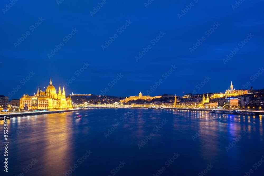 Panoramic view of Budapest at night in Hungary