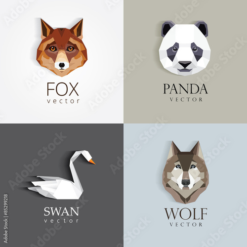 trendy low polygon style animal logos for business visual identity -swan, fox, panda bear and wolf- modern geometric triangular style