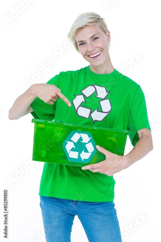 Blonde wearing a recycling tshirt holding recycle box